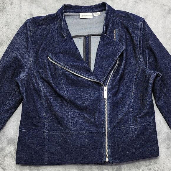 Liz Claiborne Jacket Womens Blue Denim Look Stretch Knit Asymmetrical Zip Moto - Picture 2 of 10